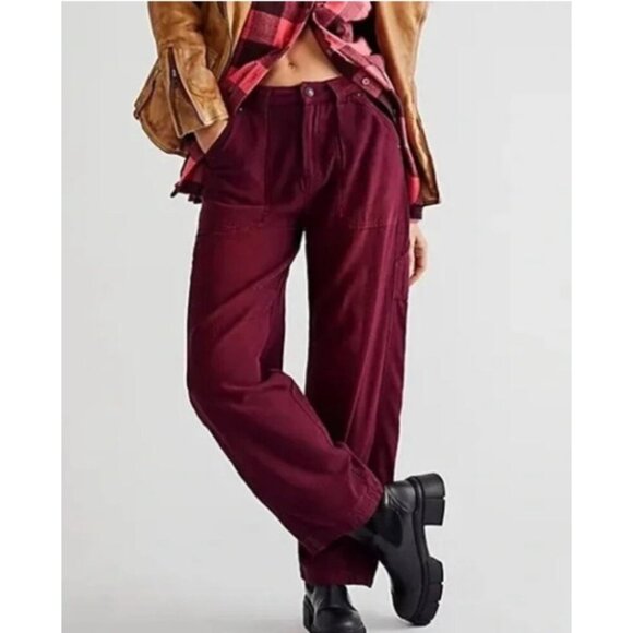 Free People Stay Awhile Carpenter Barrel Leg Pants Maroon Mulberry Sz 4 - Picture 1 of 10